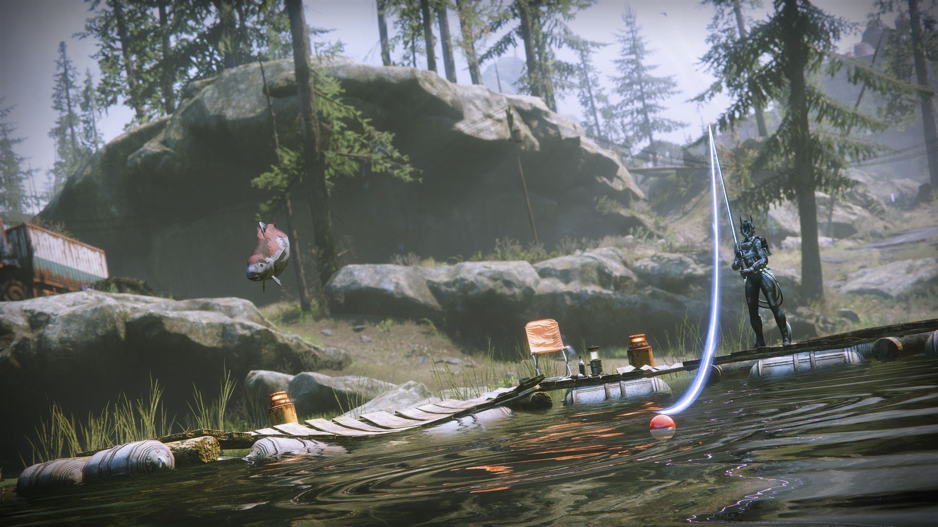 A Guardian stands in the EDZ with a fishing pole in Destiny 2: Season of the Deep