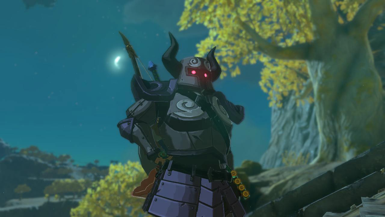 Link stands on a sky island wearing the Phantom Armor at night, with the moon right next to him in Zelda: Tears of the Kingdom