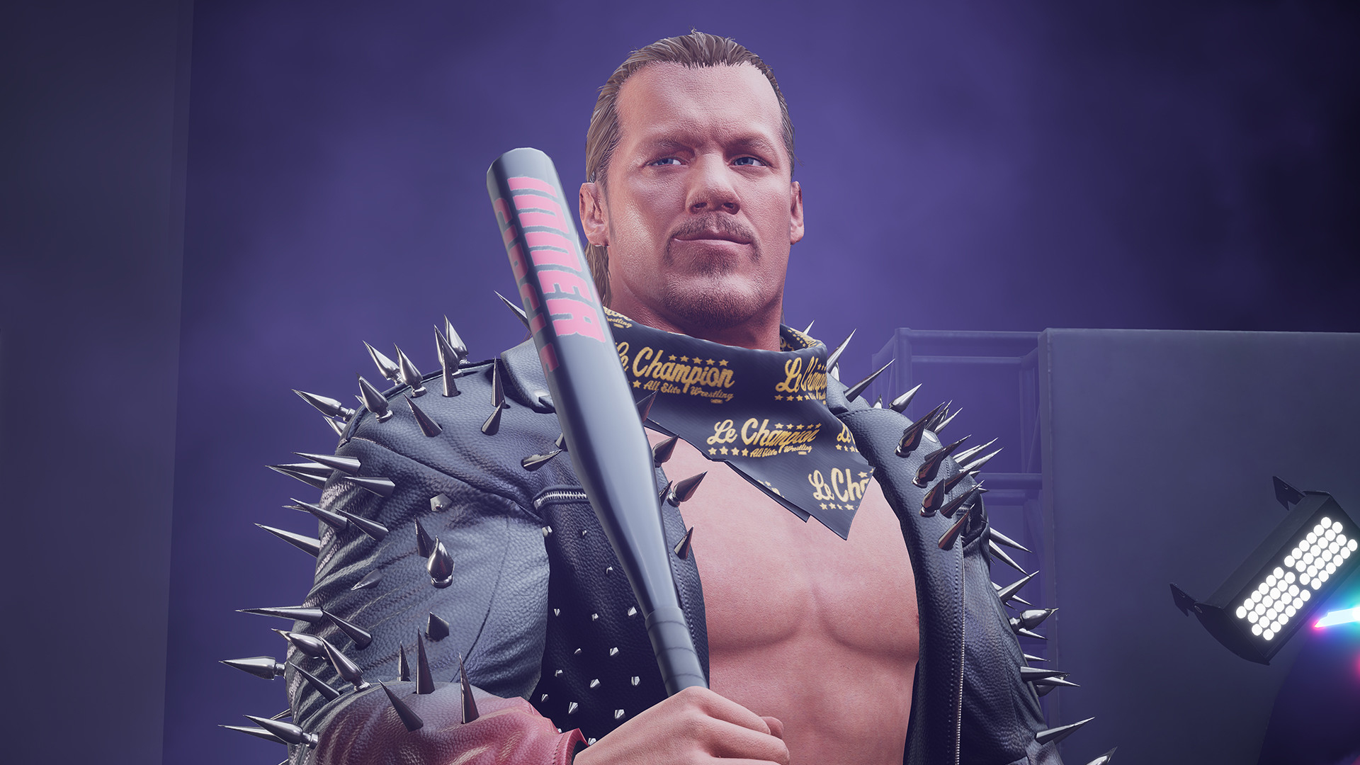 Wrestler Chris Jericho wears a leather jacket with metal spikes and wields a metal baseball bat in AEW Fight Forever