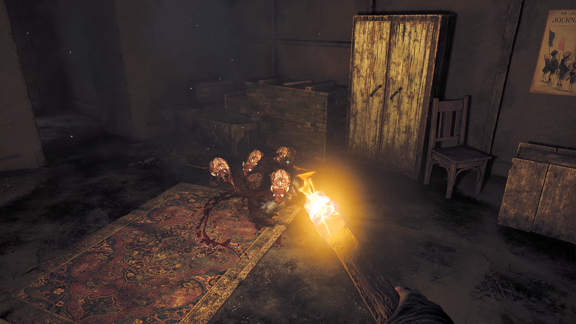 The protagonist uses a lit torch to scare vermin around a corpse in Amnesia: The Bunker