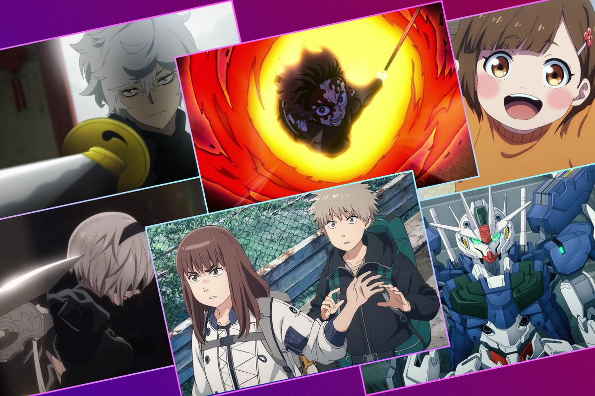 A six-panel header image featuring scenes from several anime that have premiered in 2023, including (L-R, Top to Bottom): Hell’s Paradise, Demon Slayer: Kimetsu no Yaiba, Buddy Daddies, Nier: Automata Ver. 1.1a, Heavenly Delusion, and Mobile Suit Gundam: The Witch from Mercury.