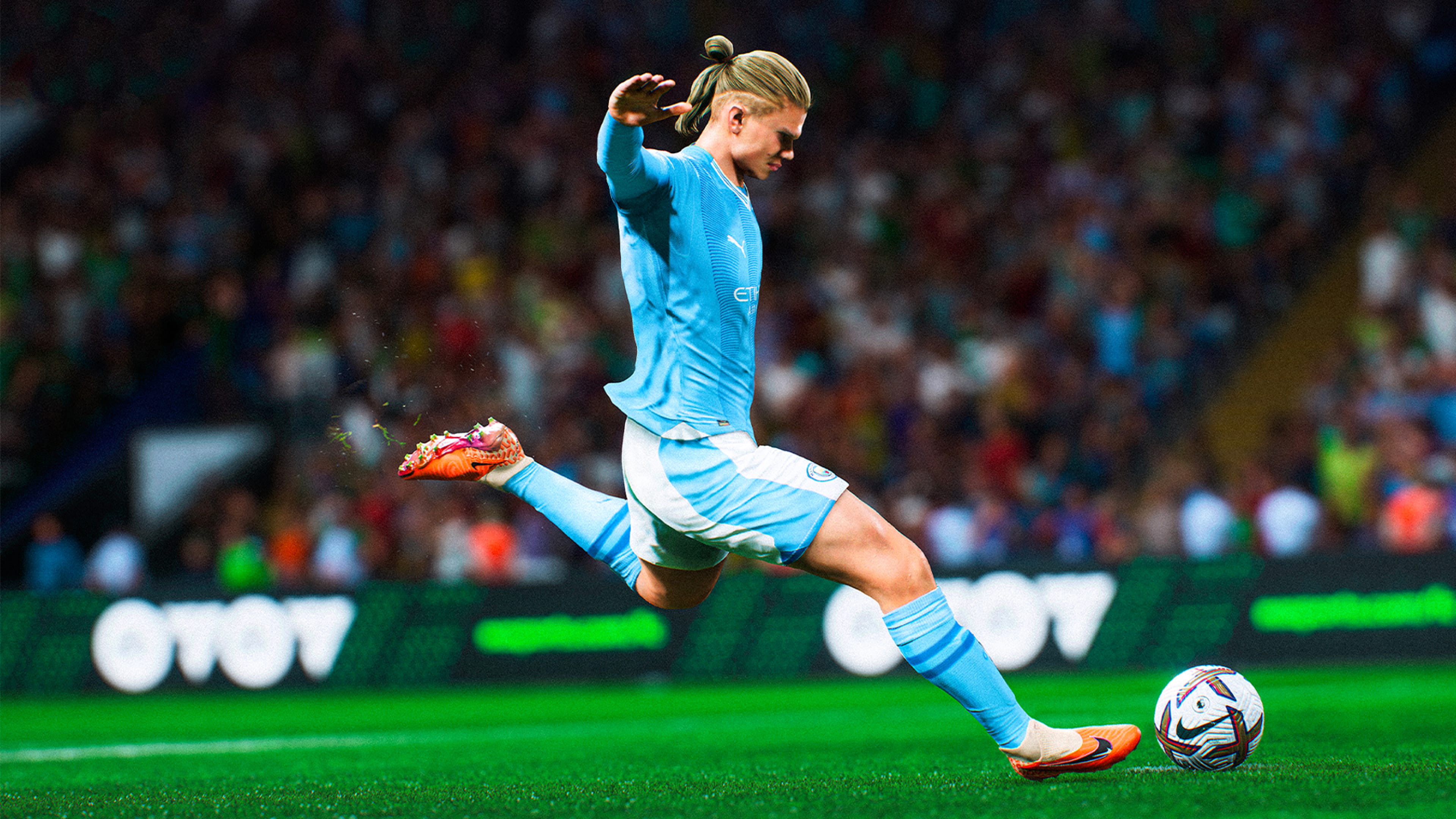 Manchester City striker Erling Haaland winding up his left leg for a kick in EA Sports FC 24