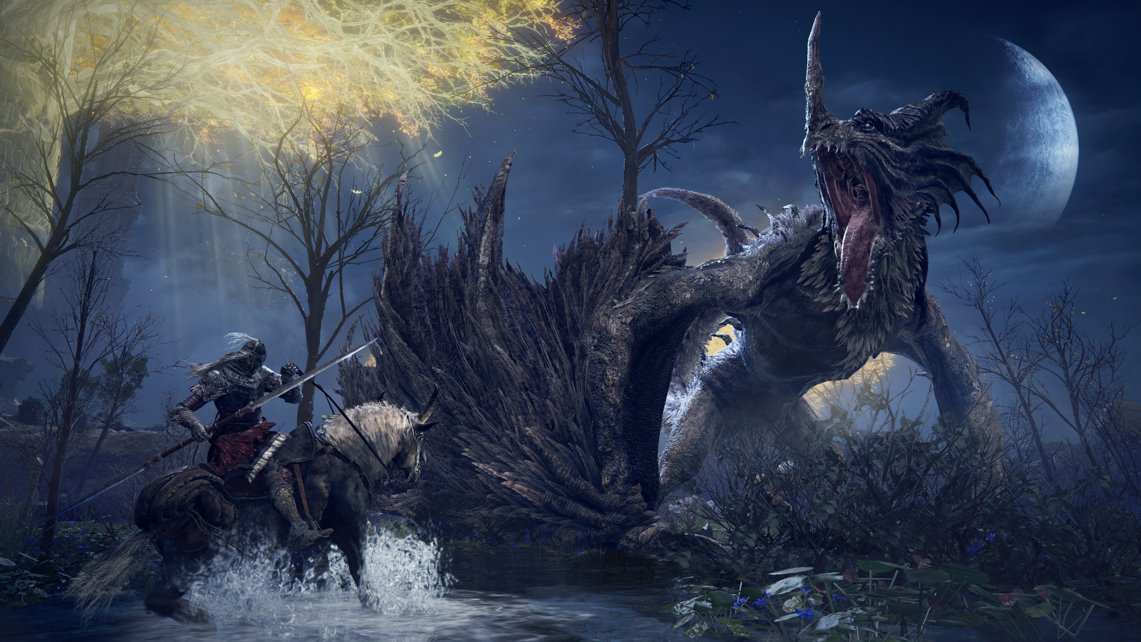 A Tarnished on horseback battles a dragon beneath the moon in Elden Ring