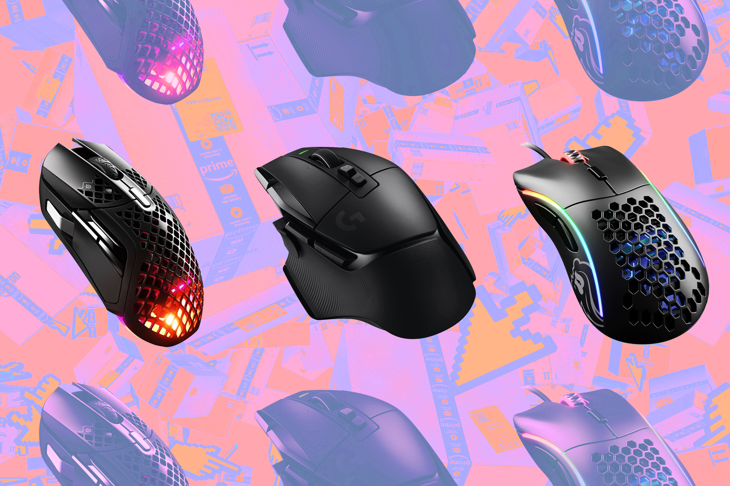 A composite image of the SteelSeries Aerox 5, Logitech G502 X, and Glorious Model D gaming mice