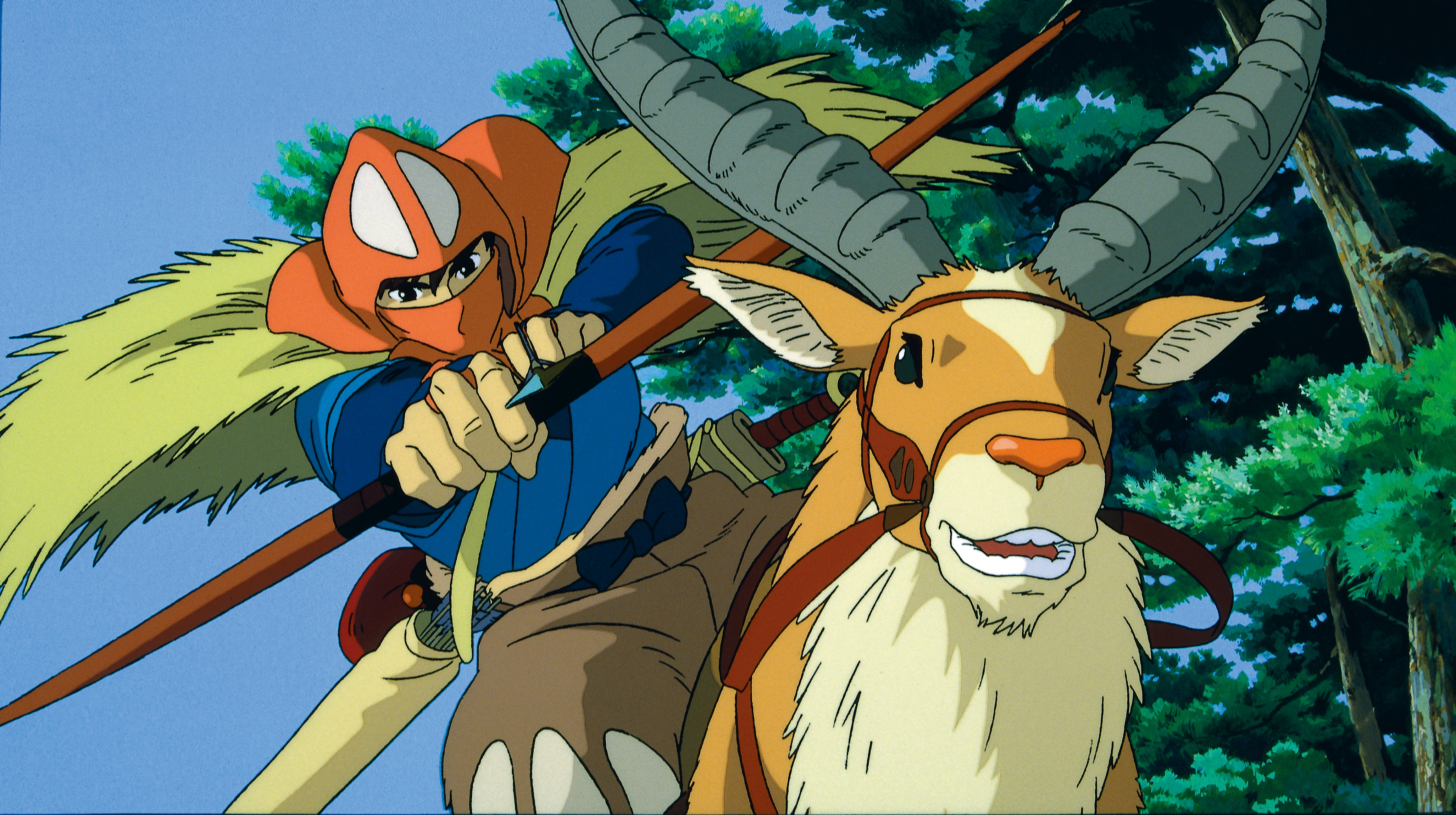 Prince Ashitaka rides his elk horse thing in Princess Mononoke
