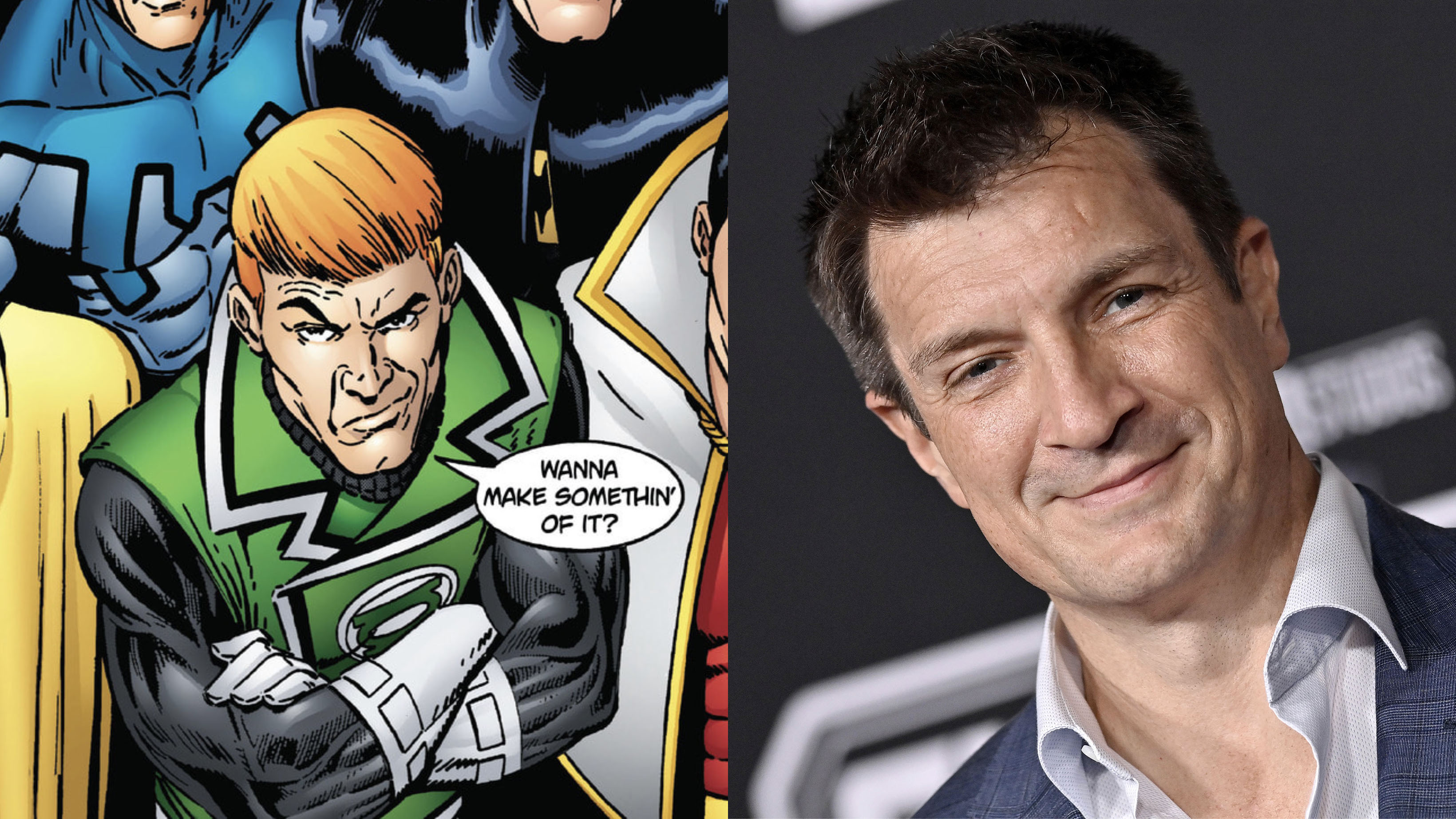 A comic panel featuring Green Lantern (Guy Gardner version) is next to a red carpet photograph of the actor Nathan Fillion.