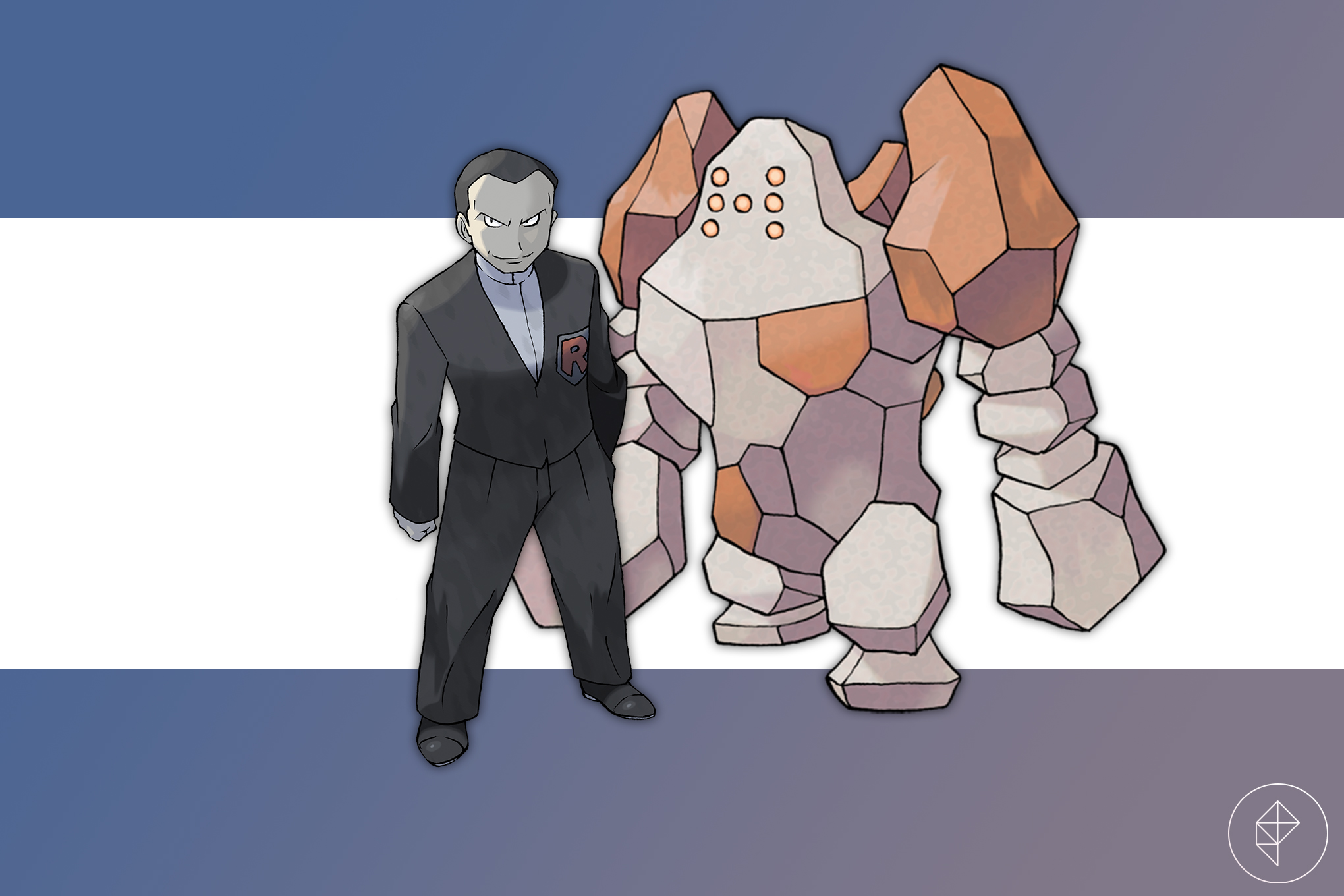 Giovanni and Regirock on a purple and blue gradient background