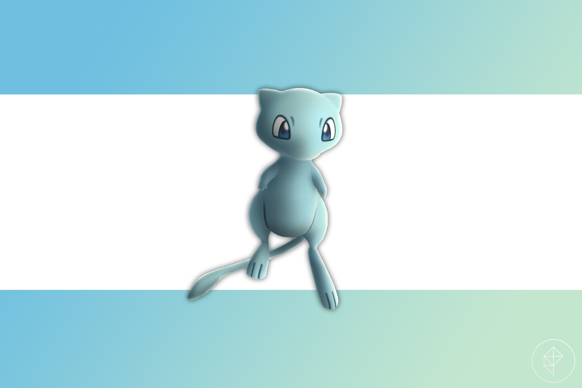 A blue shiny Mew from Pokémon Go on a blue and green gradient background