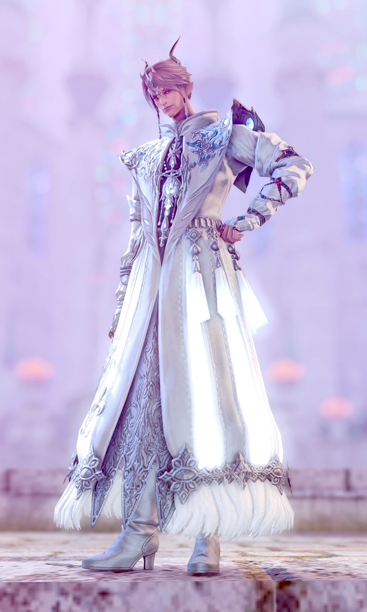 A FF14 avatar with pointy hair poses in their sparkly silver outfit and boots