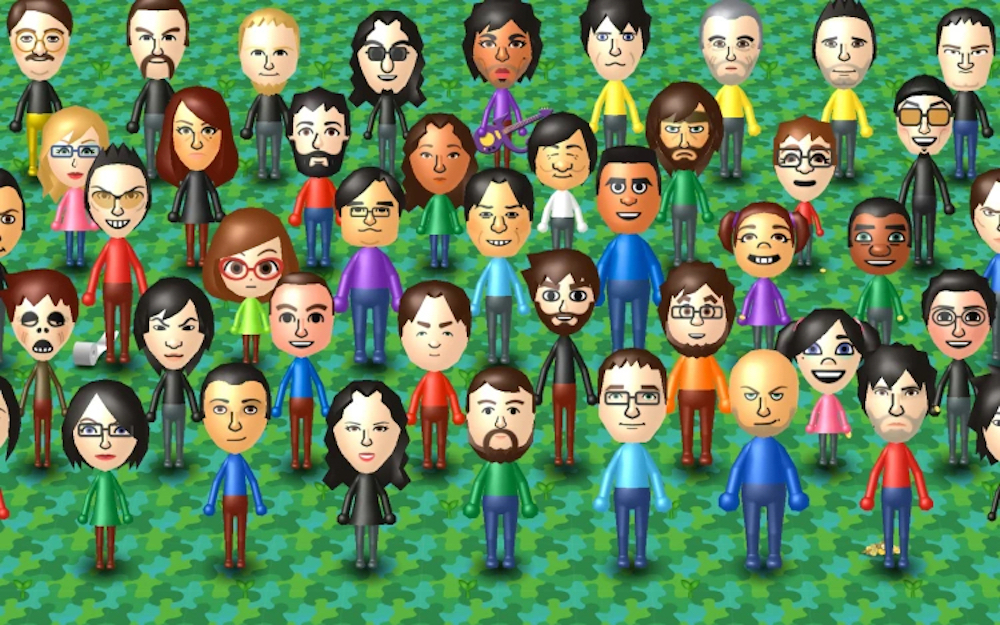 A large group of various Mii designs stands on a green background