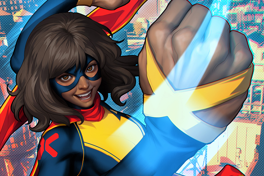 Ms. Marvel in her new costume with mutant X detailing on the cover of Ms. Marvel: The New Mutant #1 (2023).