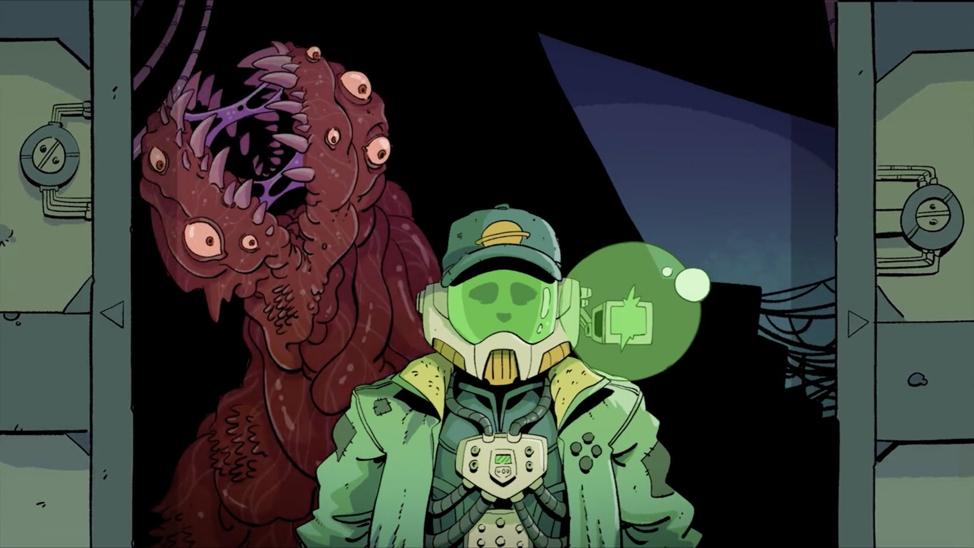 A space trucker, a snap-back perched atop his helmeted head, with a tentacle-friends step through an airlock.
