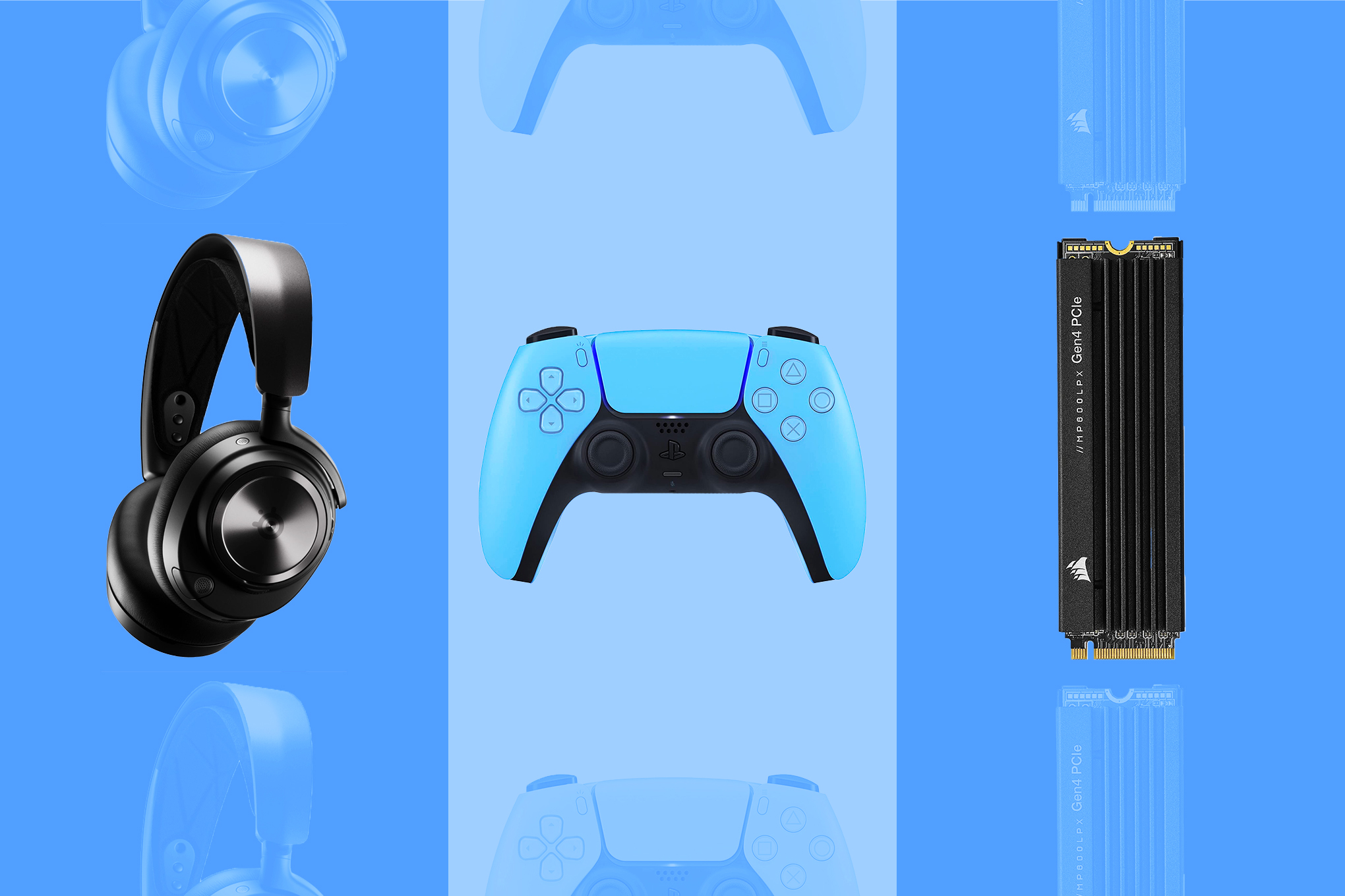 A graphic with three PlayStation 5 accessories next to each other. On the left is the SteelSeries Arctis Nova Pro Wireless headset, in the center is the Sony DualSense controller, and on the right is Corsair’s MP600 LPX SSD.