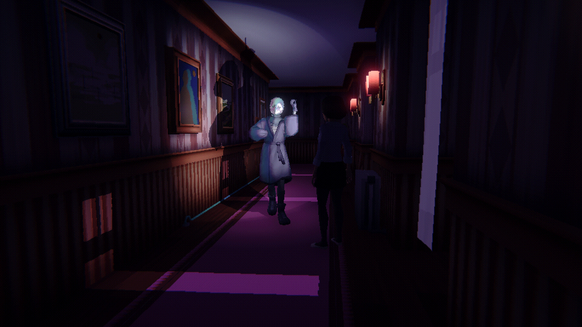 The killer in Homebody, a robed and masked figure using a knife, approaches the player.