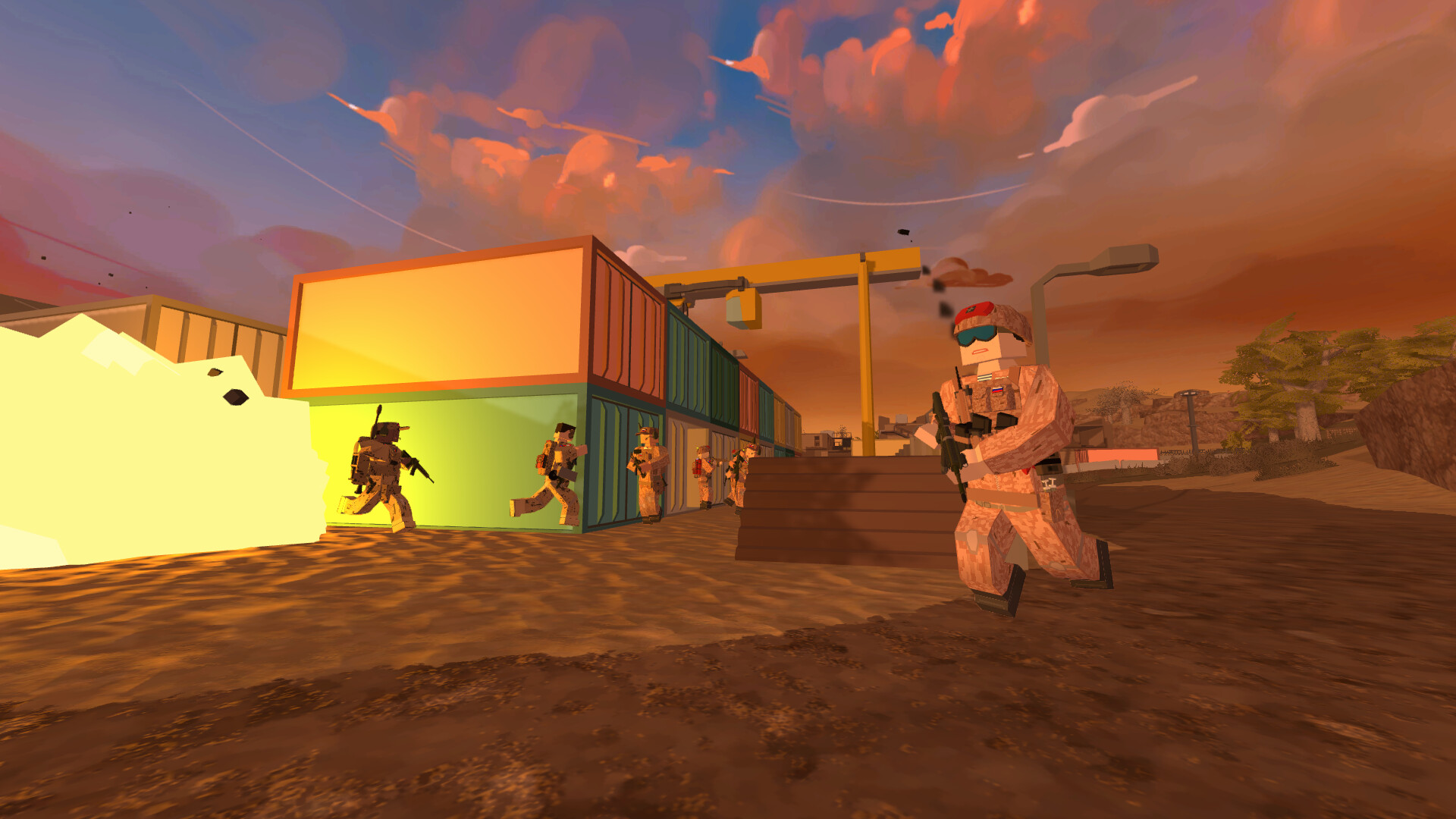 A blocky, low-poly infantryman carrying a rifle runs in the foreground. In the background, several more similarly shaped soldiers run from an explosion