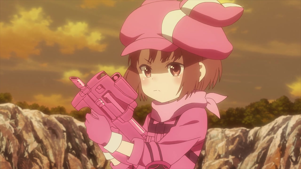 An anime girl (Llenn) in a pink outfit, pink hat with rabbit ears, and a pink bandana holding a pink FN P90 submachine gun in Sword Art Online Alternative: Gun Gale Online.