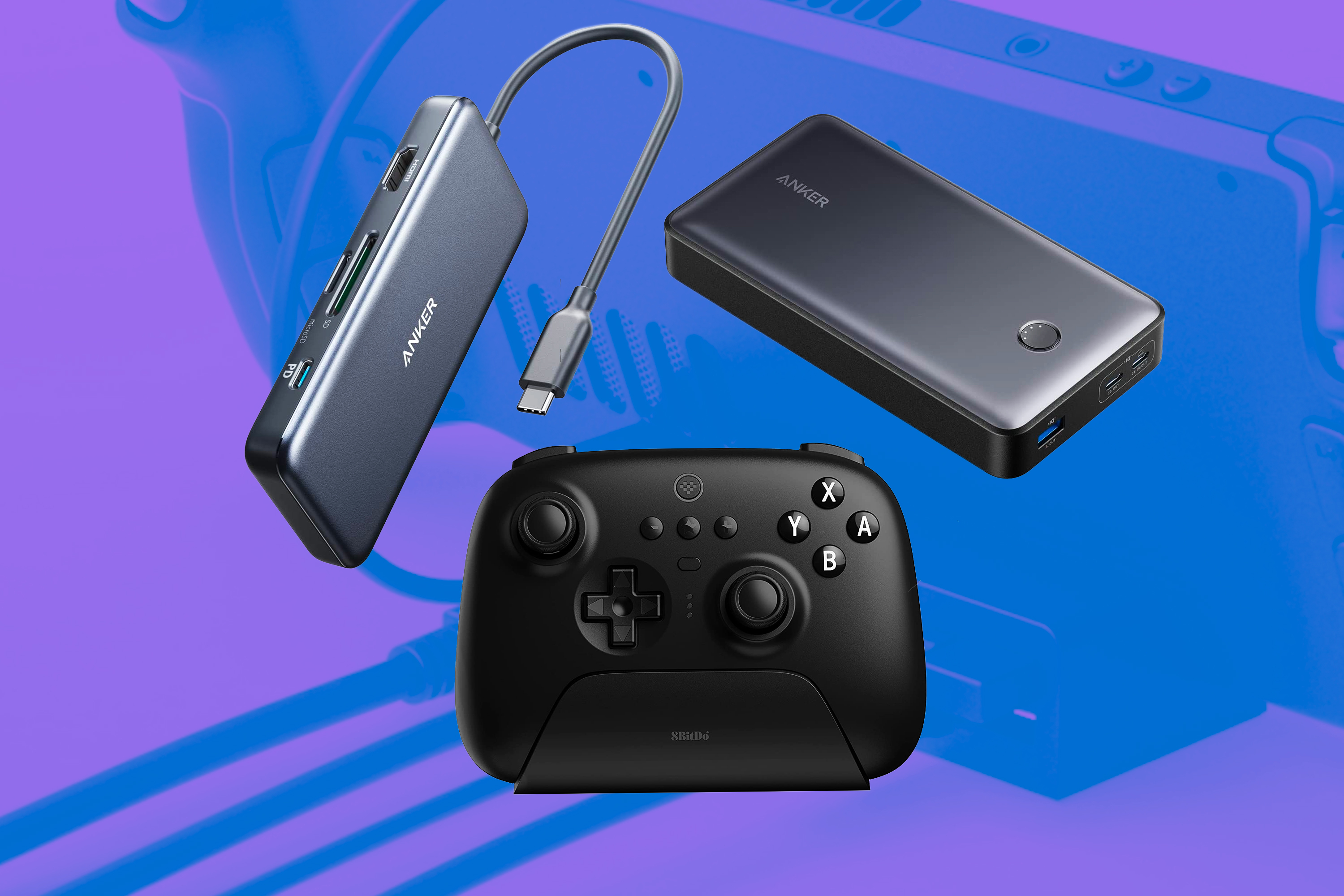 An illustration showcasing the Anker 341 USB-C hub, Anker’s 537 portable battery, plus the 8BitDo Ultimate Wireless controller.