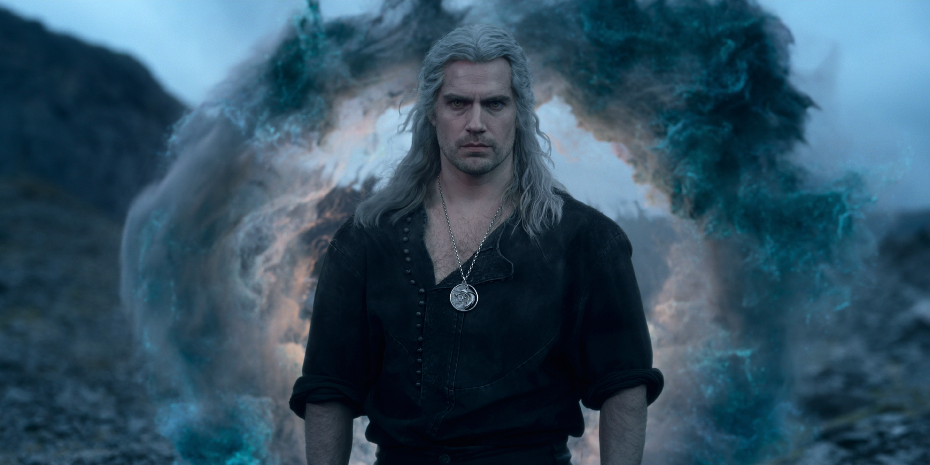 Geralt walks out of a portal looking very stoic in a scene from The Witcher season 3