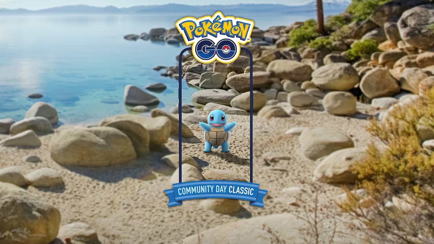 Squirtle stands on a beach through the AR lens of a phone in Pokémon Go