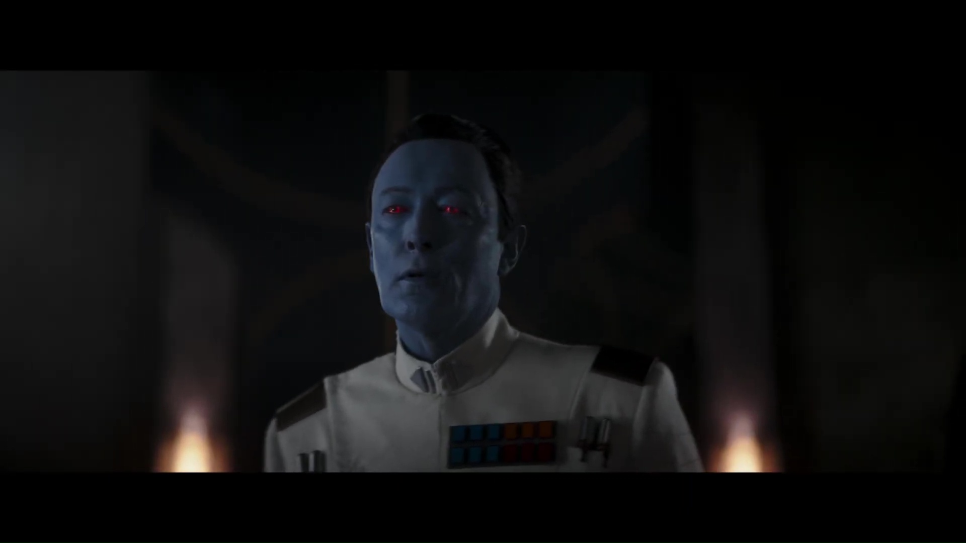Our first close-up of Lars Mikkelsen in live action as the blue-skinned, red-eyed Chiss alien Thrawn in a trailer for the Disney Plus series Ahsoka