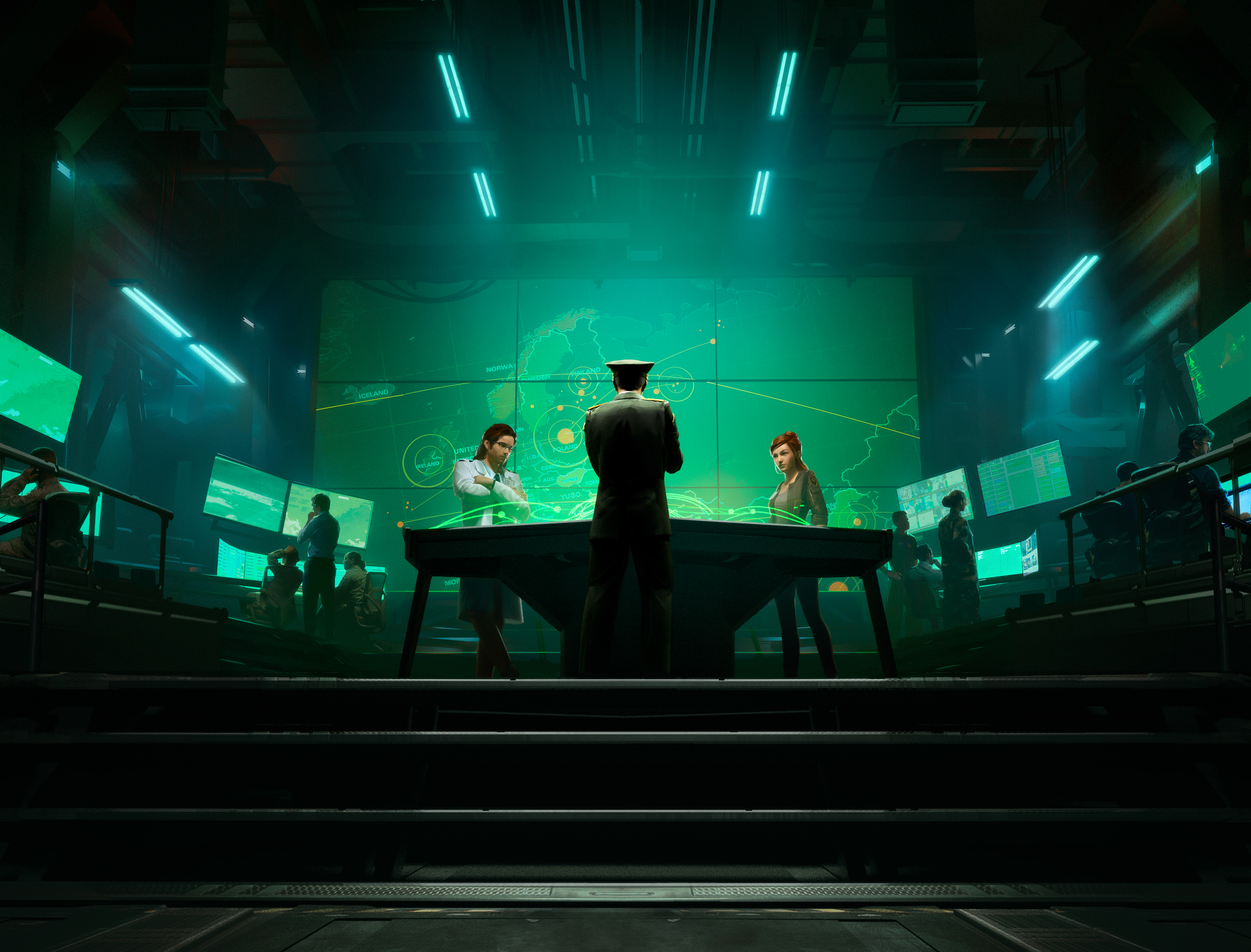 Artwork showing the command room and leaders of the special forces defenses in Xenonauts 2