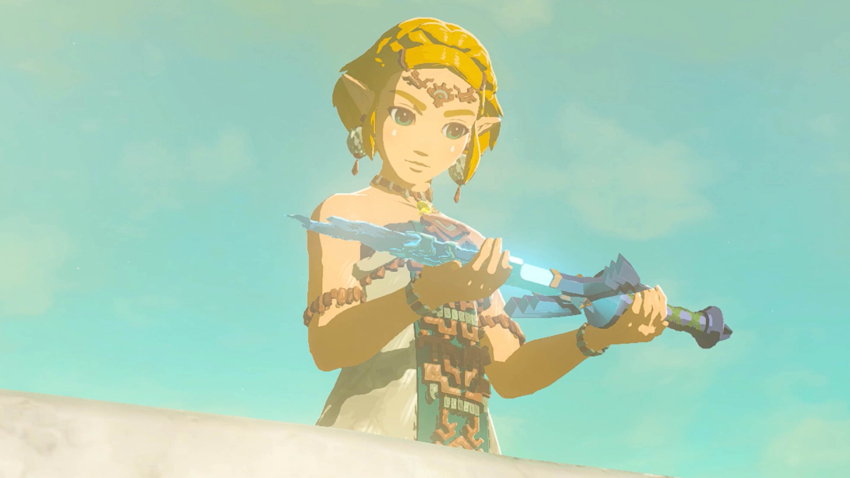 Princess Zelda, with a cool new short haircut, holds the master sword in both hands. The end of the sword is covered in a black sludge.