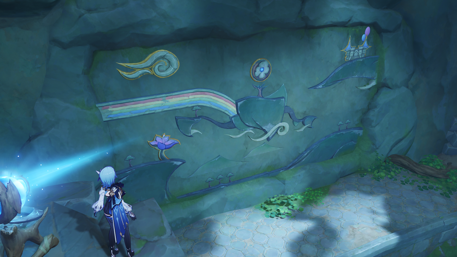 Large mural with a rainbow bridge part of the Capturing Light and Shadow world quest in Genshin Impact’s Secret Summer Paradise event.