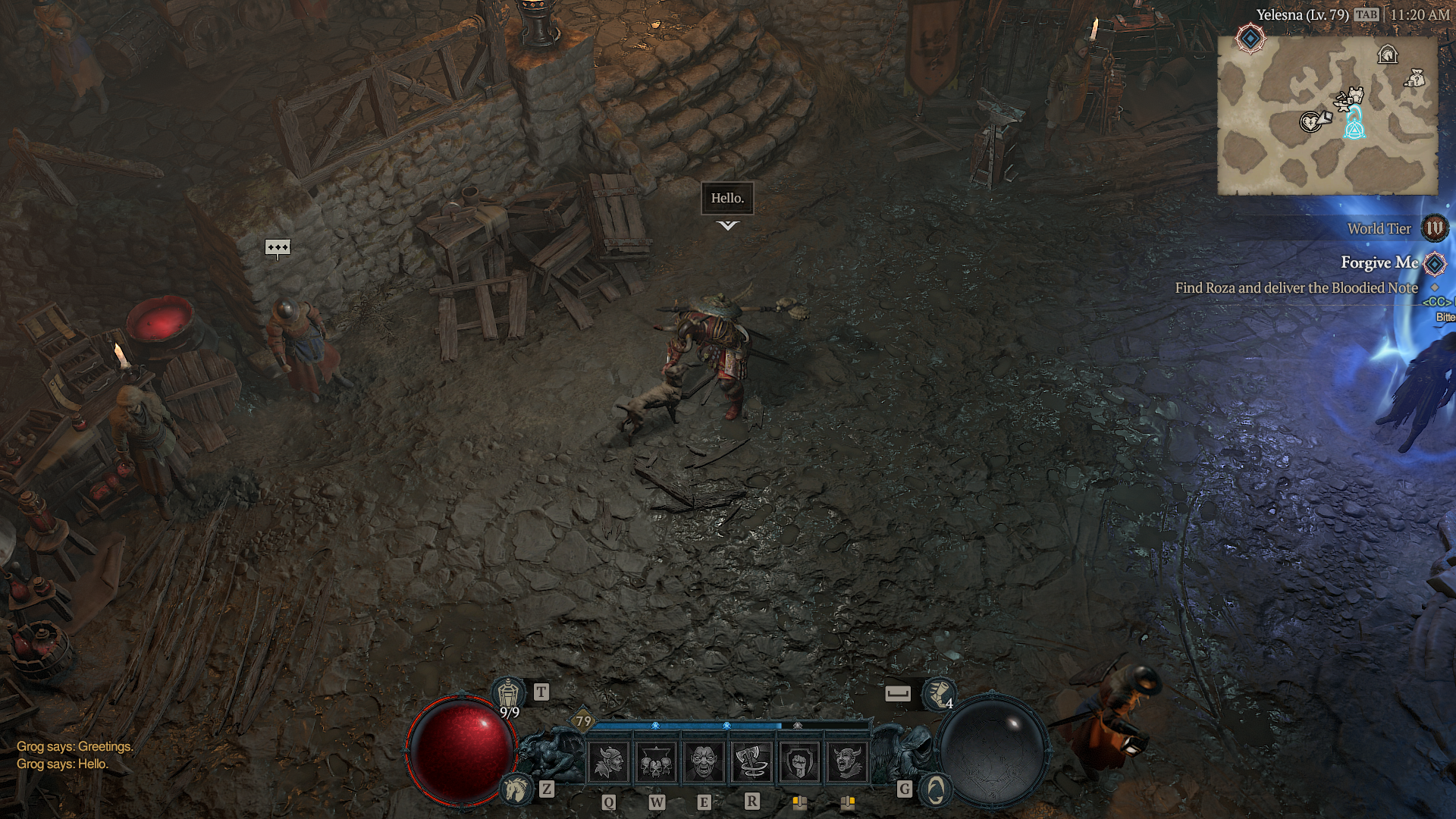 A Barbarian bends down and pets a dog in Diablo 4