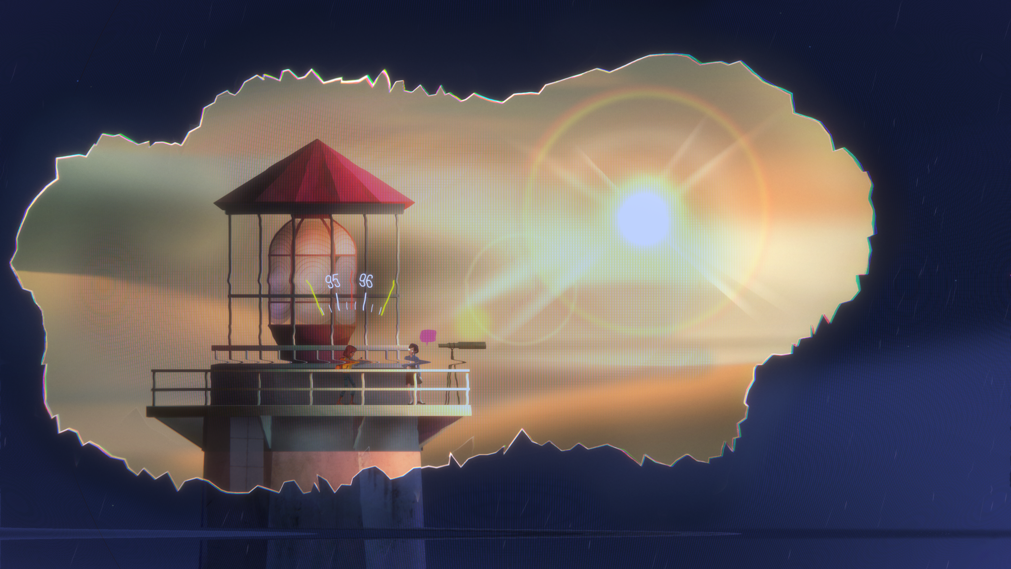 A character peers through a telescope atop a lighthouse in Oxenfree 2