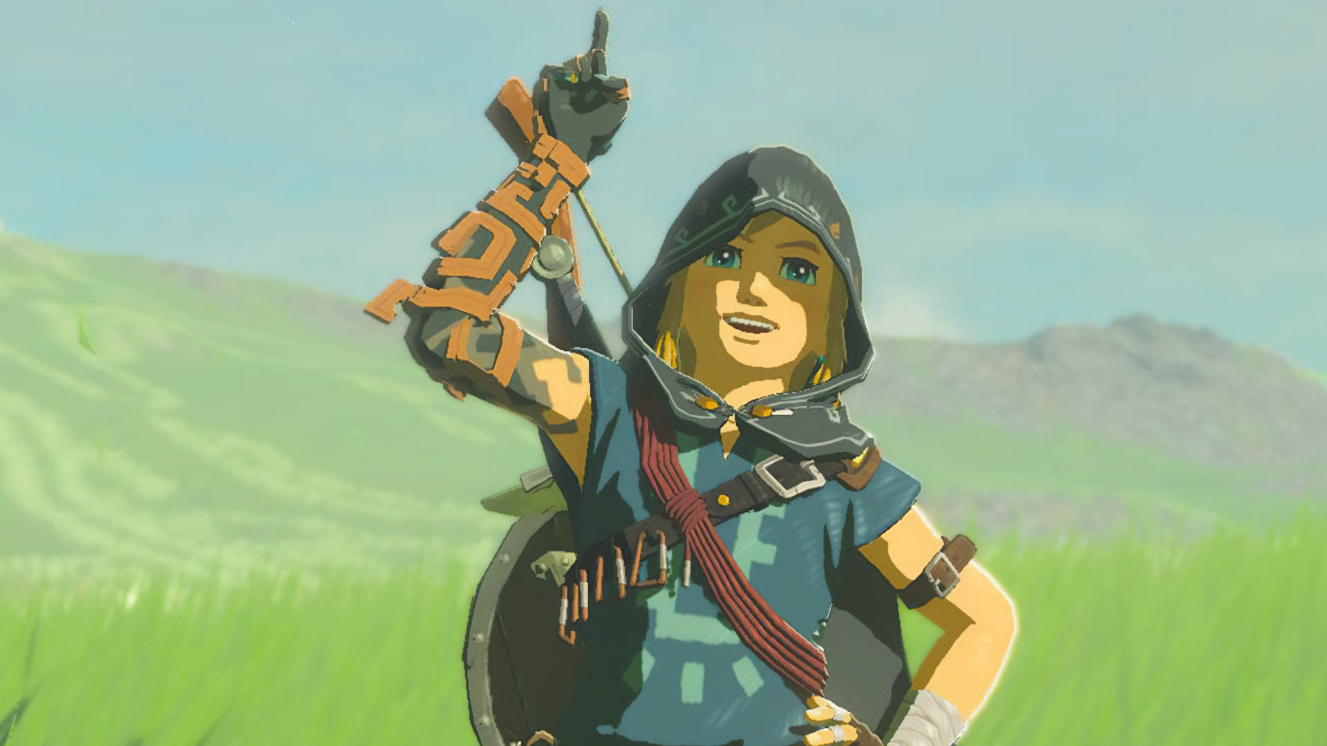 Link smiles at the camera and points up to the sky in Zelda: Tears of the Kingdom